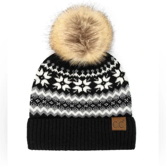 NWT CC C.C. Nordic Fair Isle Aztec Tribal Print Pom Pom Beanie Hat Black - Picture 4 of 4